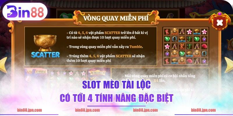 Slot Mèo Tài Lộc có tới 4 tính năng đặc biệt